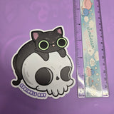 Cat on skull sticker 4" new